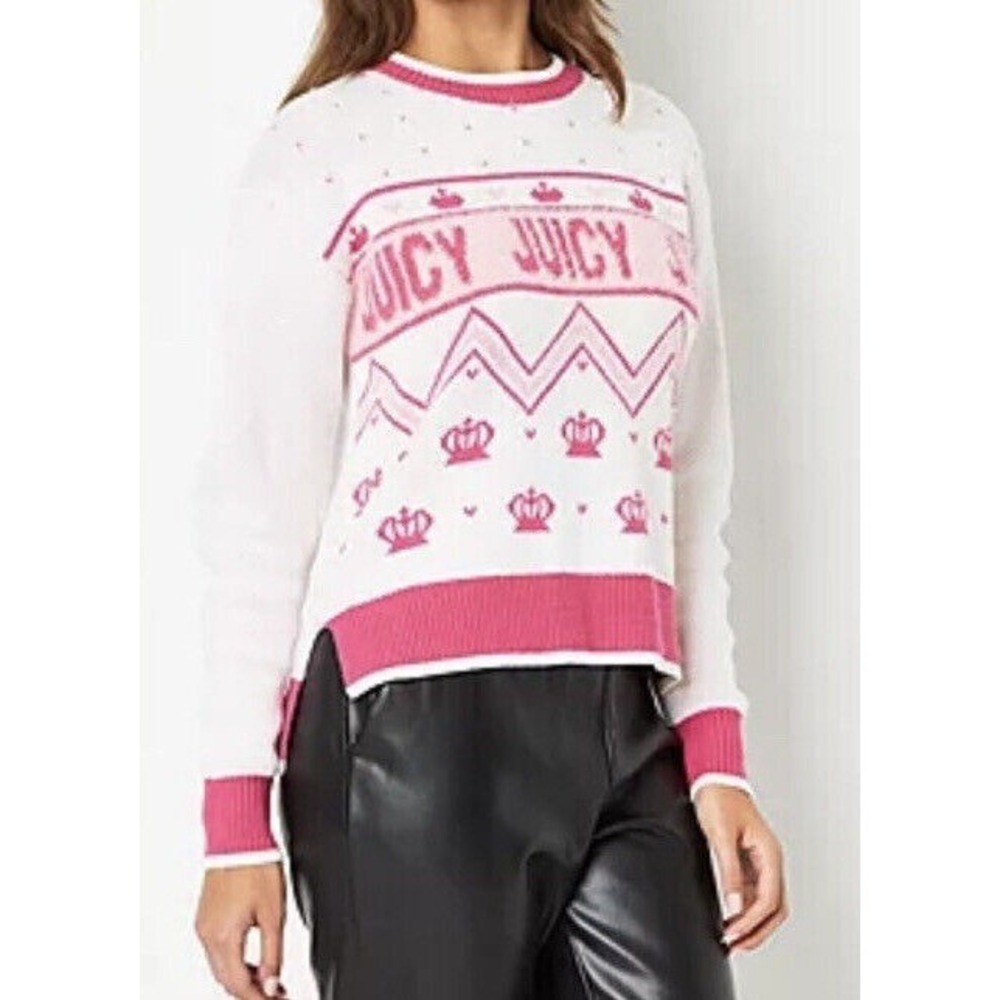 Juicy Couture Knit Sweater Women Large Pink White Fair Isle Logo Retro Crown Y2K
